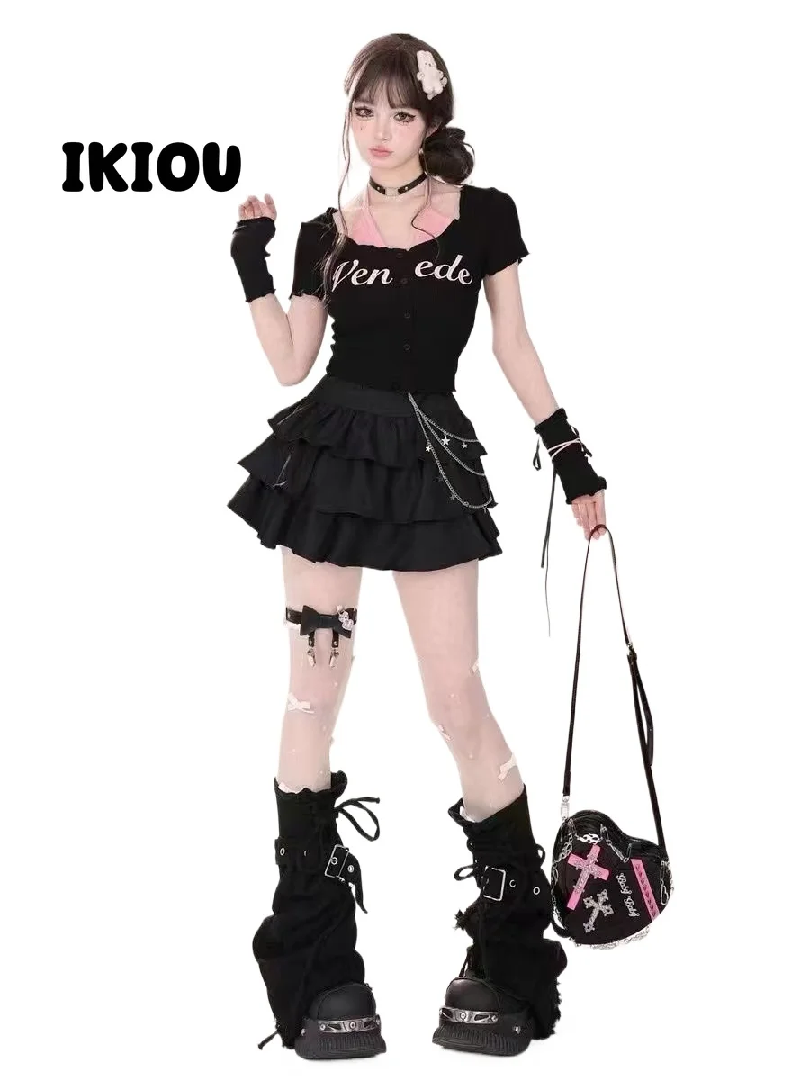 IKIOU Y2K Punk-Inspired Black Denim Leg Warmers with Cross Details, Adjustable Drawstring for a Chic Ins Fashion Statement