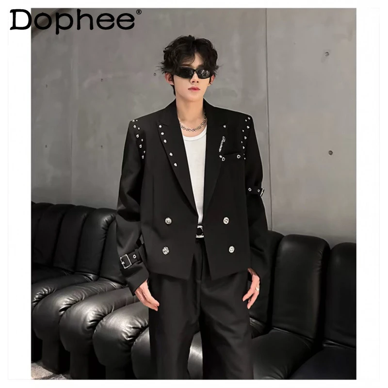 

Мужские пиджаки-блейзеры класса люкс с заклепками, модные, весна 2026, новинка, двубортные, на шнуровке, элегантные, приталенные