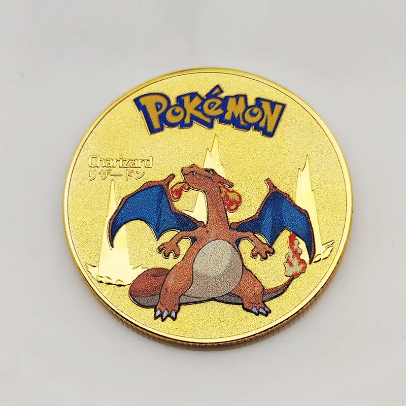 Gold Pokemon Coins Metal Mewtwo Coins Anime Commemorative Coin Charizard Pikachu Golden Pokemon Cards Round Metal Coin Toys