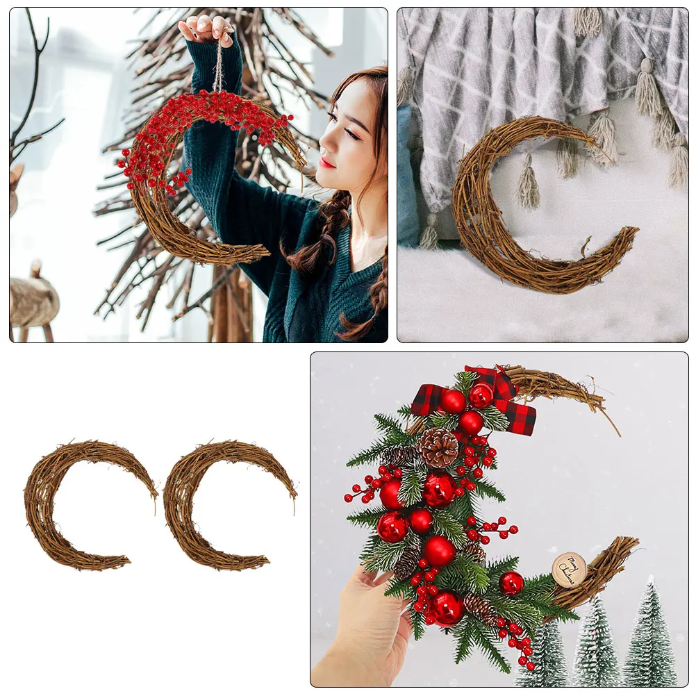 

2pcs Moon Shaped Wreath Rattan DIY Frame Smilax Glabra Hoop Circle Garlands Christmas Decor Rustic Home Floral Party
