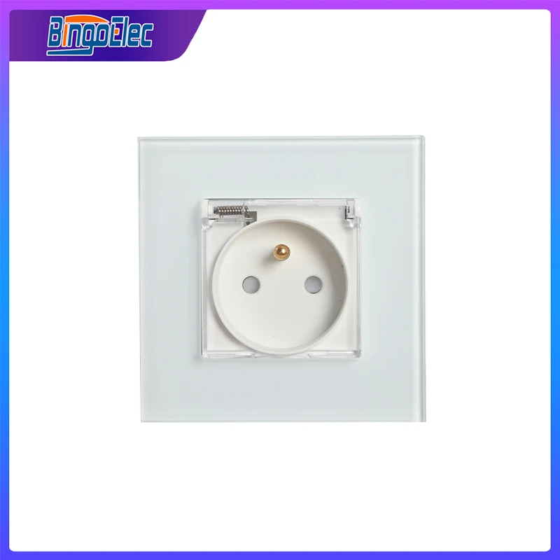 Bingoelec France Waterproof Wall Socket FR Standard White Black Golden Single Crystal Glass Panel Electrical Outlet