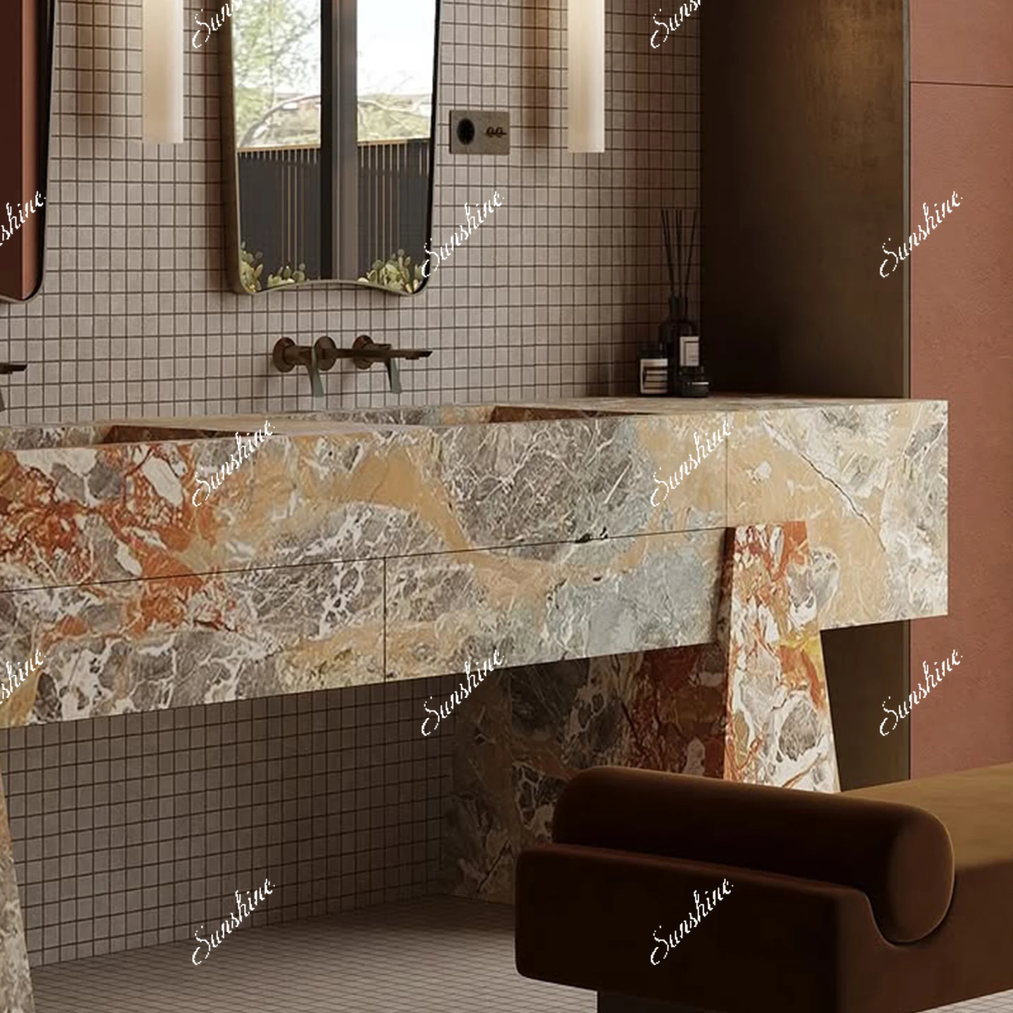 High-end rock slab integrated seamless, floor-to-ceiling washstand villa bathroom, double basin