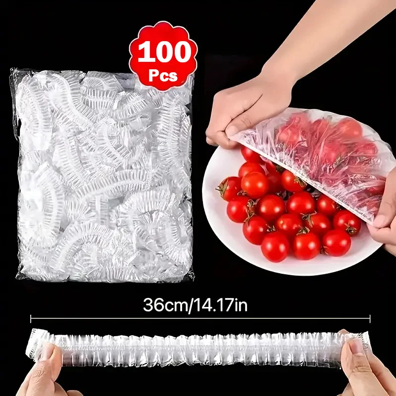 100pcs Disposable Food Cover Saran Wrap Bowel Cover Food Grade Fresh-keeping Plastic Bag Kitchen Storage Accessories