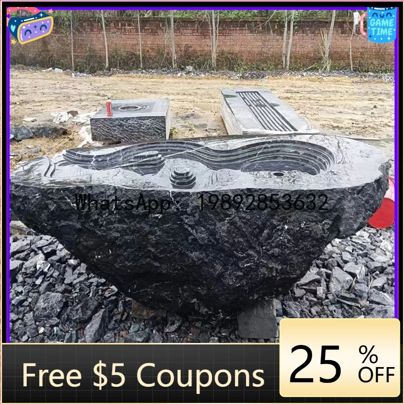 AB  Black Mountain Stone Courtyard Fountain  Sculpture Water Spray Garden Landscape Stone Bowl Irregular Water Feature