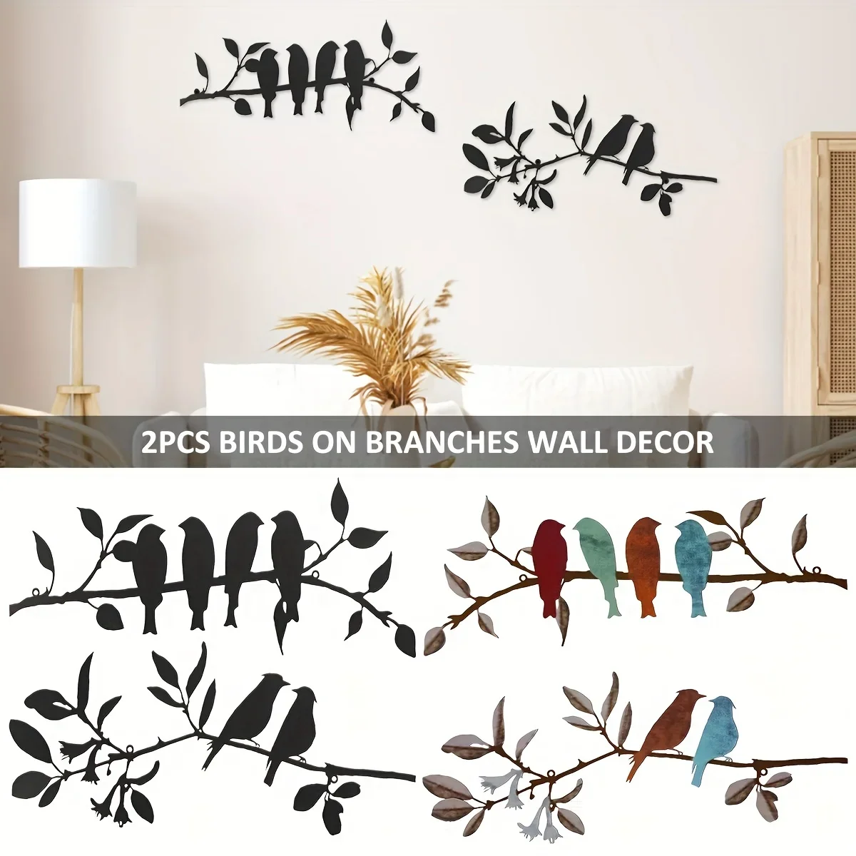 Kit de décoration murale d'oiseaux en métal, décoration murale d'oiseaux en métal, décoration murale créative d'oiseaux sur branche, décor d'oiseau rustique, 2 pièces