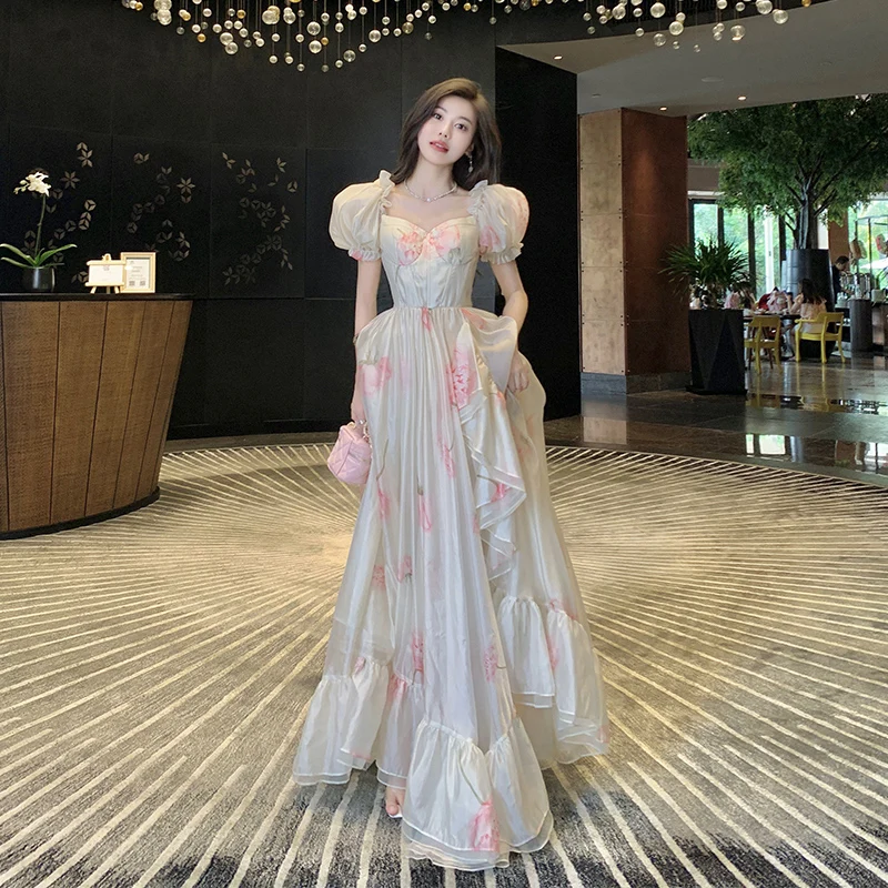 Bohemian Summer Holiday Beach Maxi Dress New 2024 Elegant Women Square Collar Puff Sleeve Flower Print Sexy Backless Long Robe