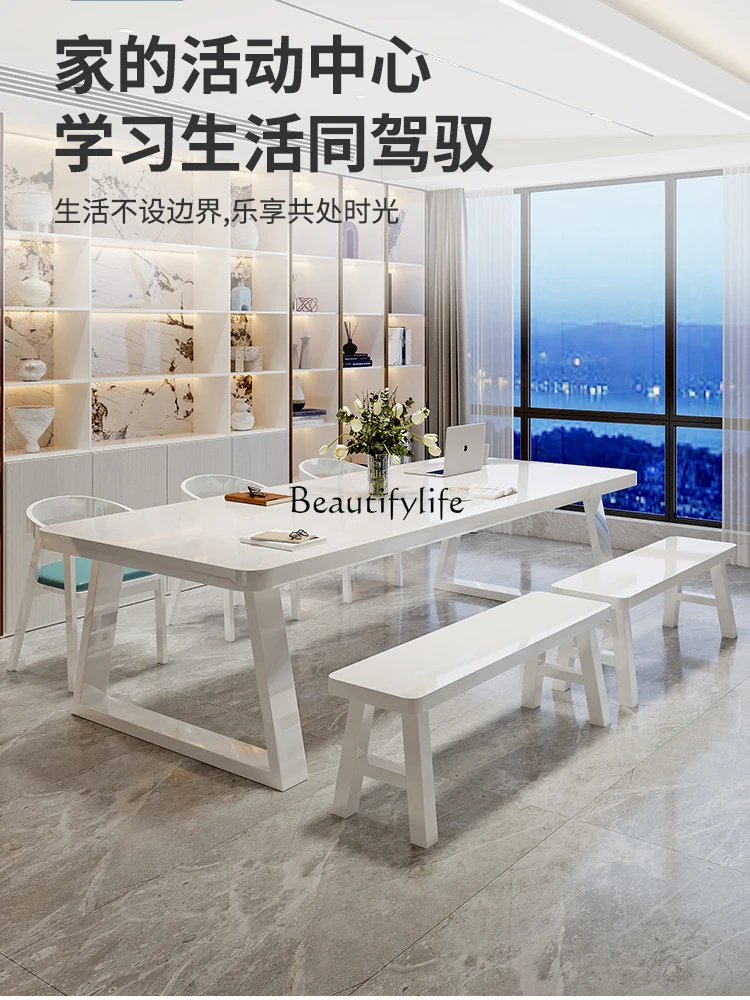 Solid Wood Large Desk Dining Table Integrated Piano Paint White Zhongdao Display