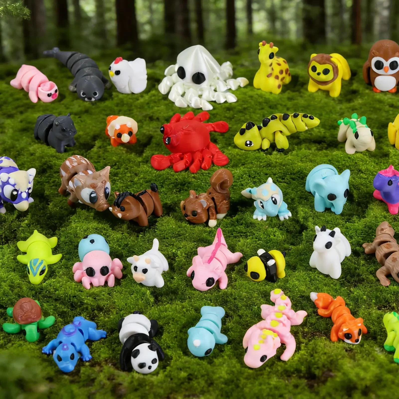 Conjunto de 50 Mini Figuras de Animais Impressas em 3D, Flexíveis e Móveis, Decoração de Mesa Surpresa com Animais Fofos Impressos em 3D