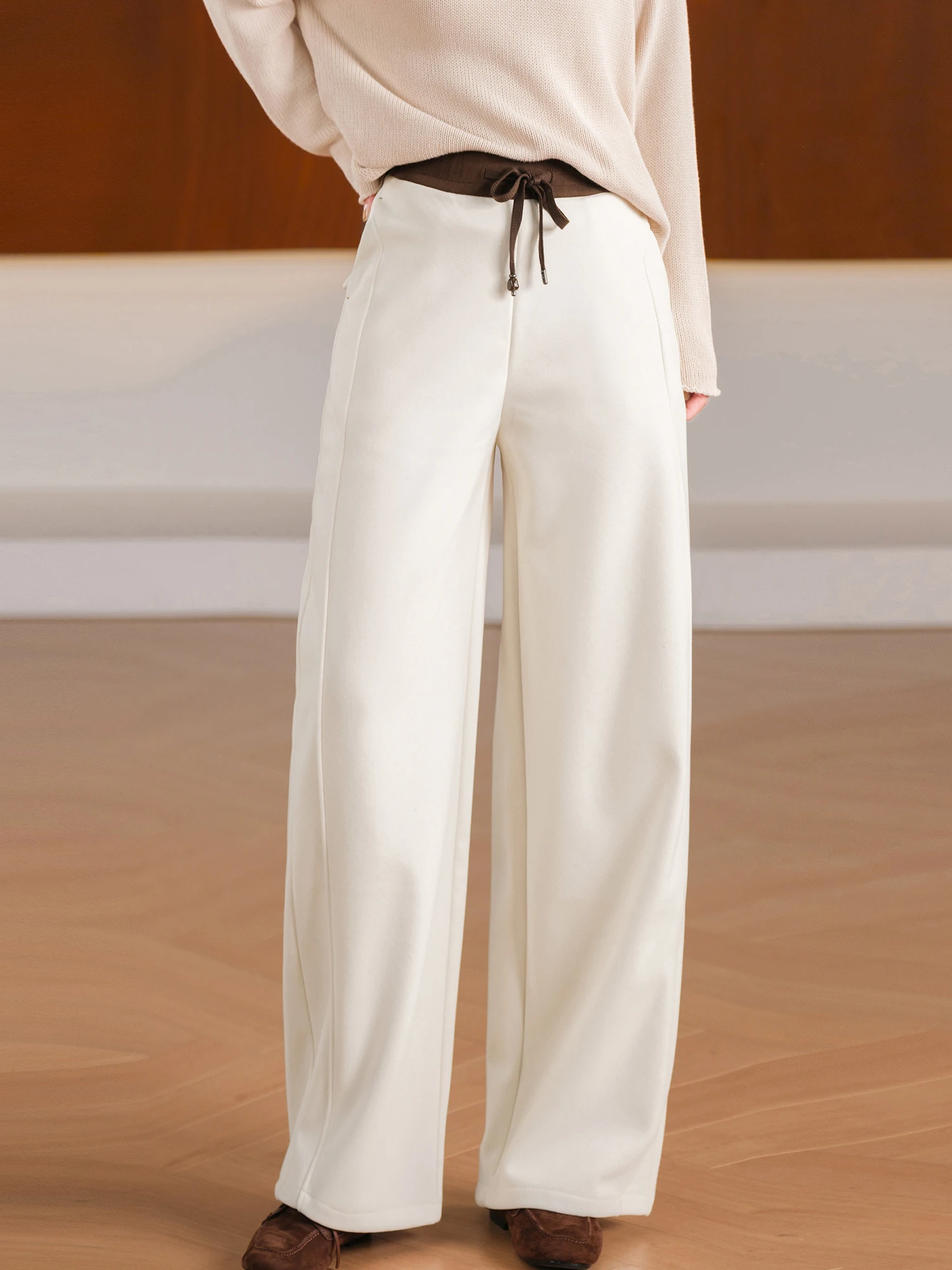 Heavyweight Woolen Casual Pants Loose Fit Color Block Elastic Waist Bead Buckle Spilt Design Ladies Fashion Winter Wear
