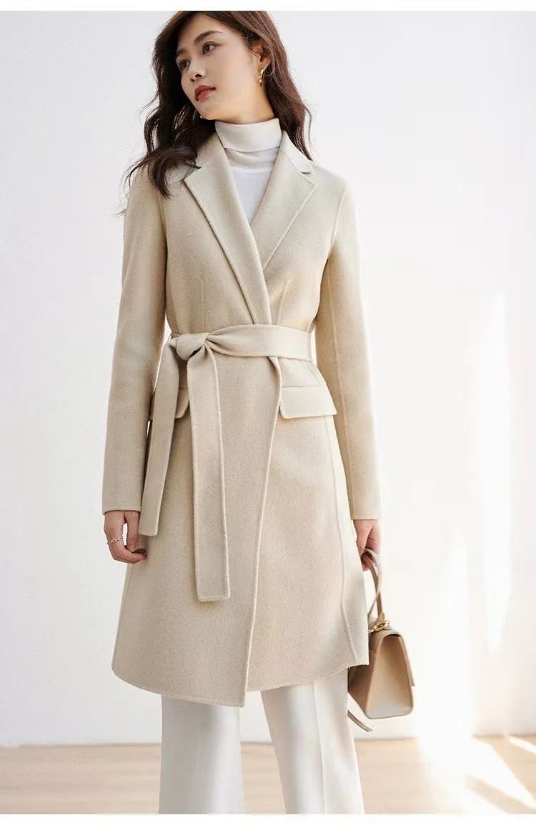 The0*ry Winter Women Coat Jacket Wool Long Belt Full Sleeves Cardigan Slim Fit Casual England Style Elegant Fashion