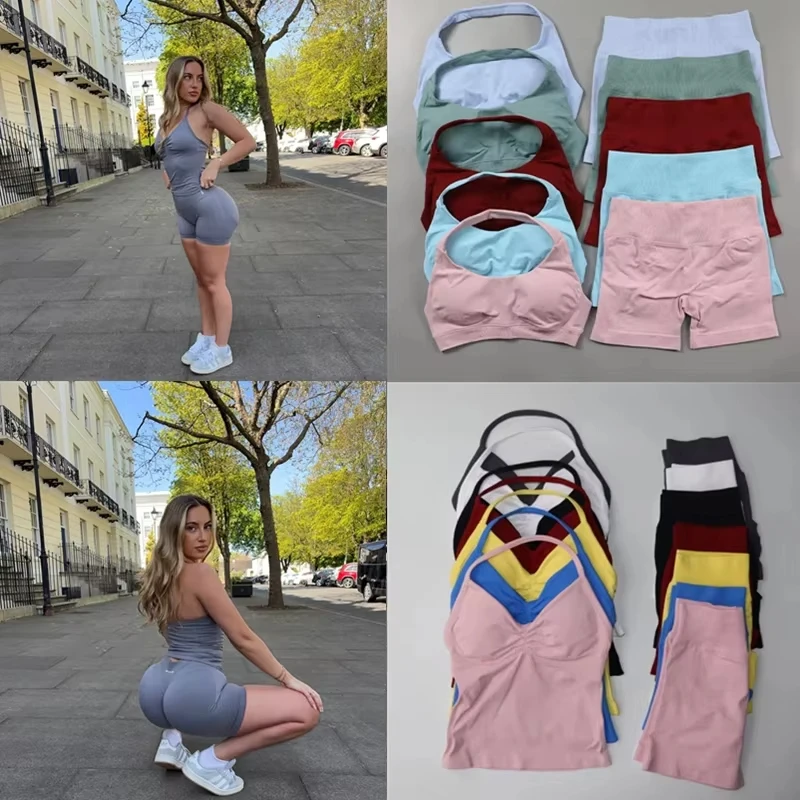 

Бесшовный комплект для йоги, 2 шт., женский мягкий топ на бретельках, подтягивающие ягодицы, спортивные шорты, комплект летней спортивной одежды, одежда для тренировок