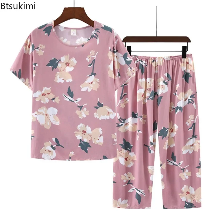 Women's Summer Cotton Silk Pajama Sets Homewear Suit Thin Short Sleeve Sleepwear Rayon Middle-Aged Mom Casual Pajamas Homewear