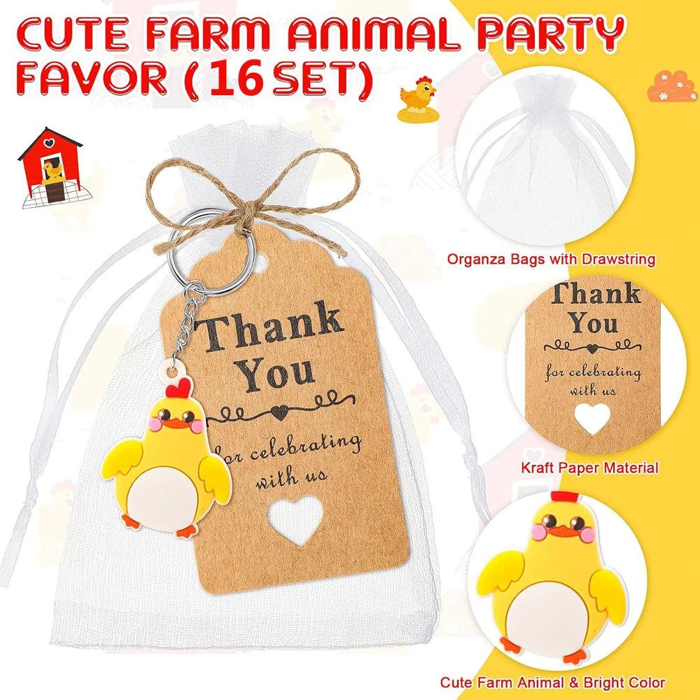 16 set  farm animal party gifts with keychain kraft paper label white transparent hard gauze bag birthday school carnival reward