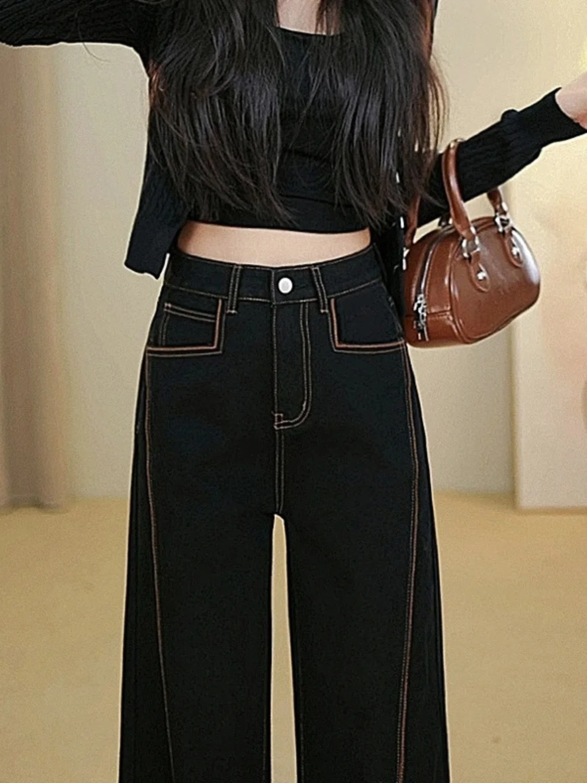 

Повседневные черные джинсы слим-фит для женщин, с высокой талией, длинные, прямые, с эффектом омоложения, широкие брюки для создания молодого образа