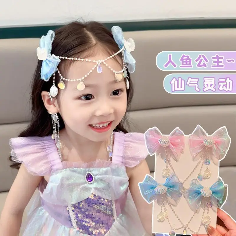 Simpatica catena per capelli a forma di sirena, perla finta e stella in resina, nappa, copricapo da principessa, set di forcine ipoallergeniche per ragazze