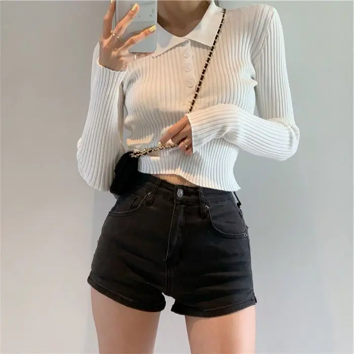 Autumn New Long-sleeved White Shirt Women Polo Collar Chic Knitted Slim Fit Crop Top  Y2k Top Streetwear