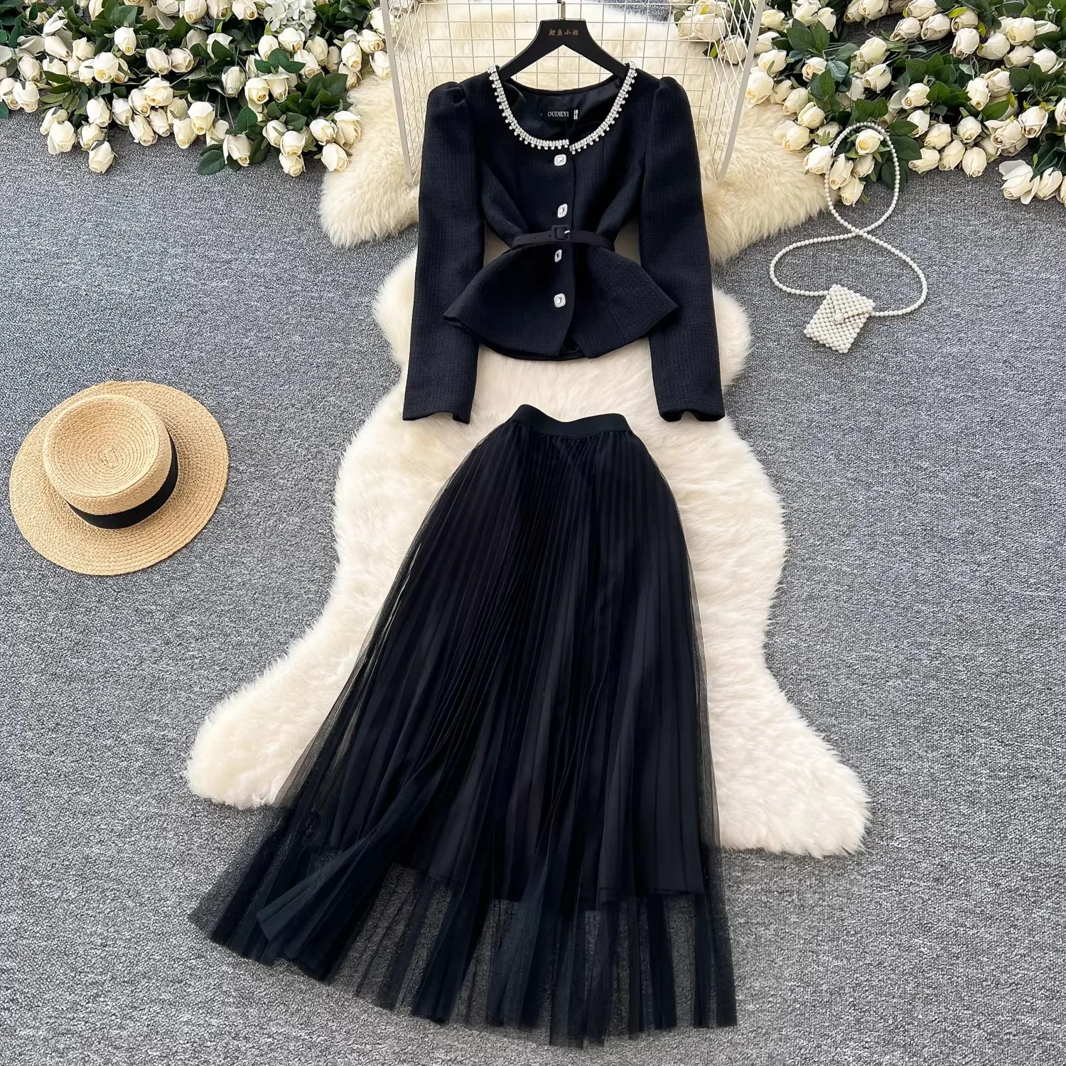 

Fashion Tweed Two Piece Set For Women Beaded O-Neck Long Sleeve Diamond Buttons Tops + High Waist Pleated Mesh Skirts Set Female