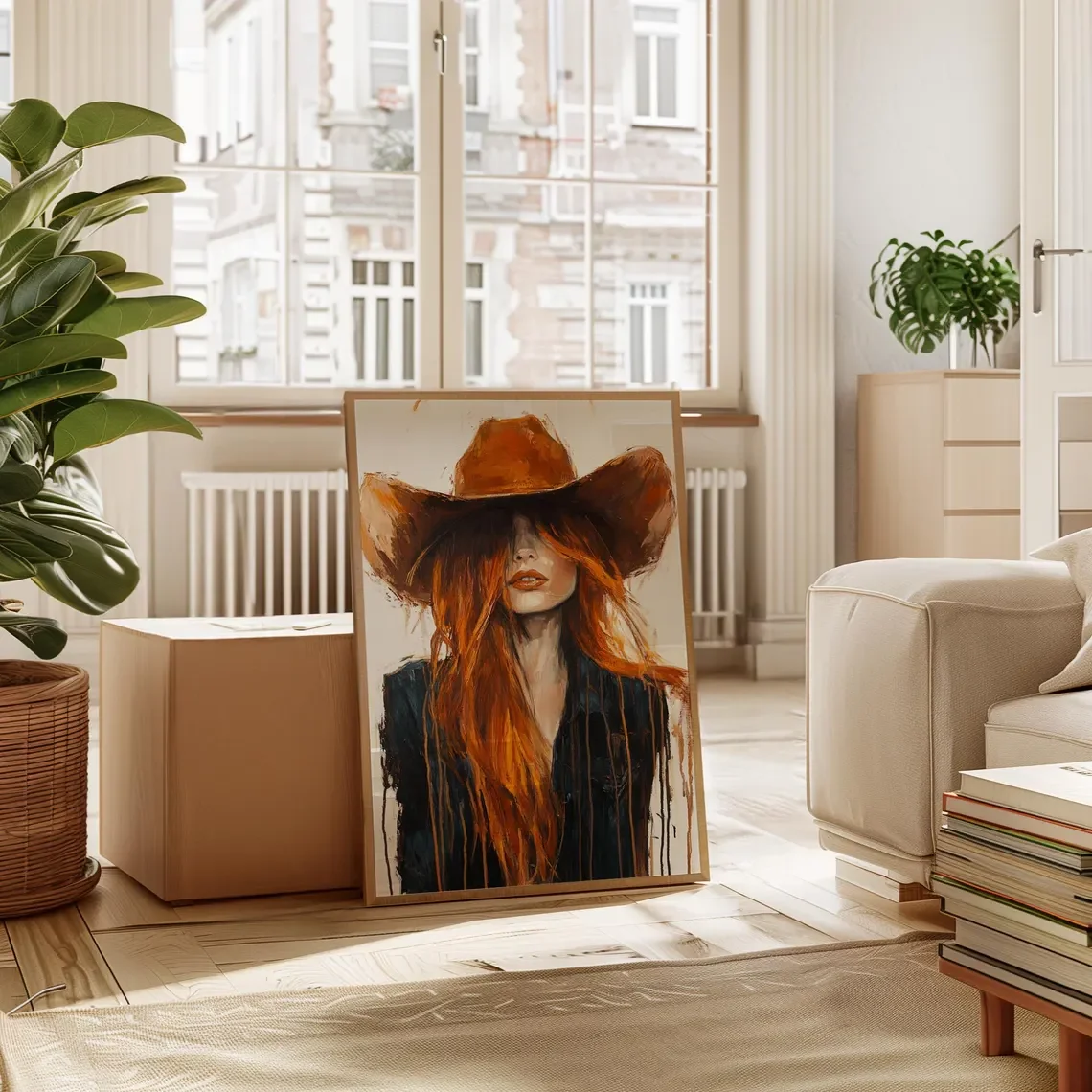 1PC frameless decorative art print,Western Cowgirl Portrait Wall Print Decor - Bold Drip Painting of a Red-Haired Cowgirl in a B