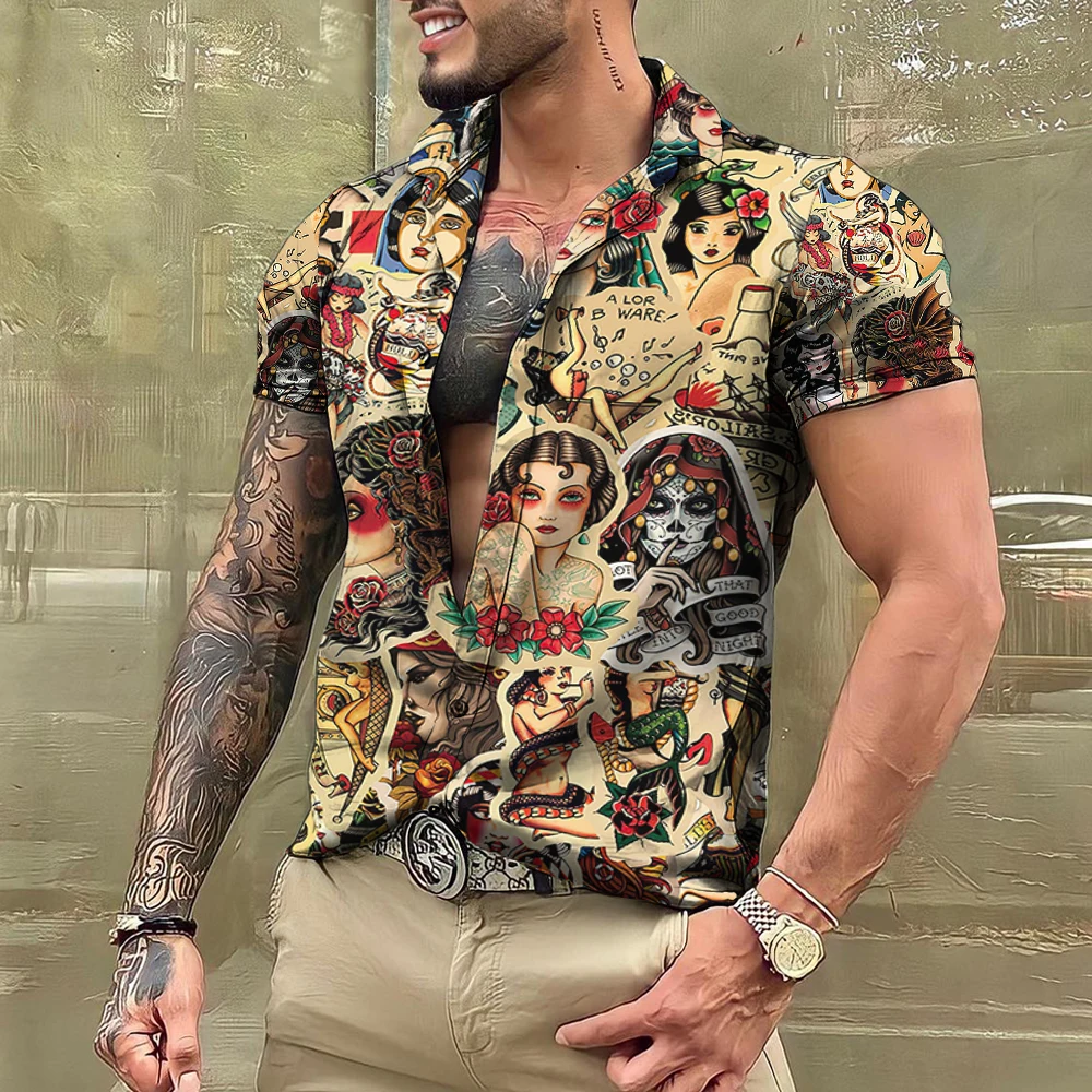 

Hawaiian men's tattoo shirt, short -sleeved tops, casual t -shirt, men's blouse, fashion clothes, summer