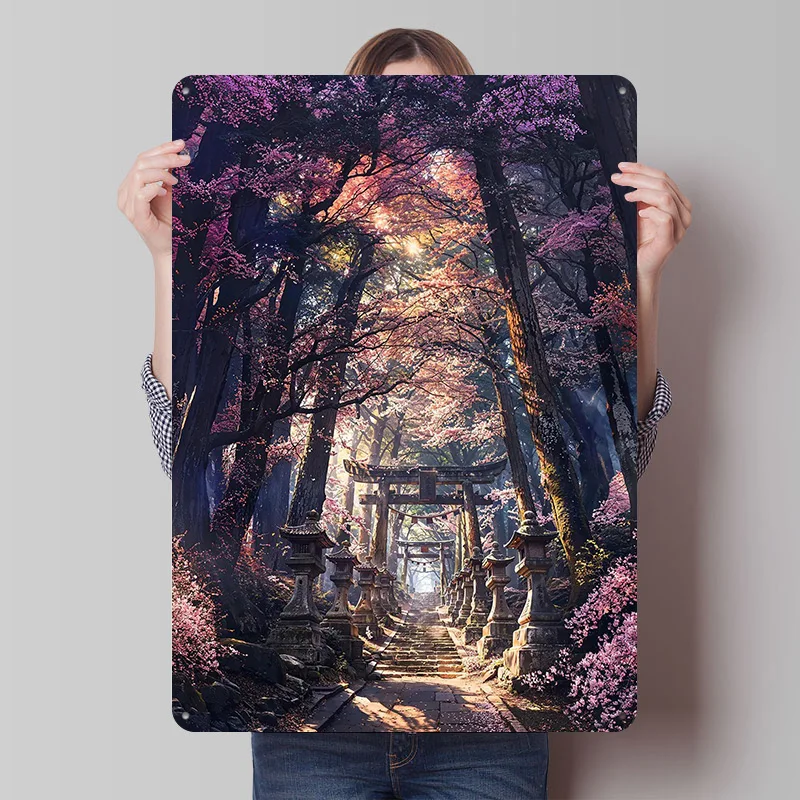 Sacred Sakura Shrine Path Metal Poster Tin Signs Wall Art Custom Metal Sign for Home Decoration Gaming Room Decoration Wand Deko