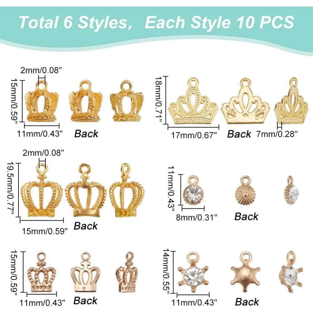 60pcs Crown Charms 6 Styles 3D Mini Rhinestone Crystal Pendants Crafts King Queen Charms for Valentine's Day