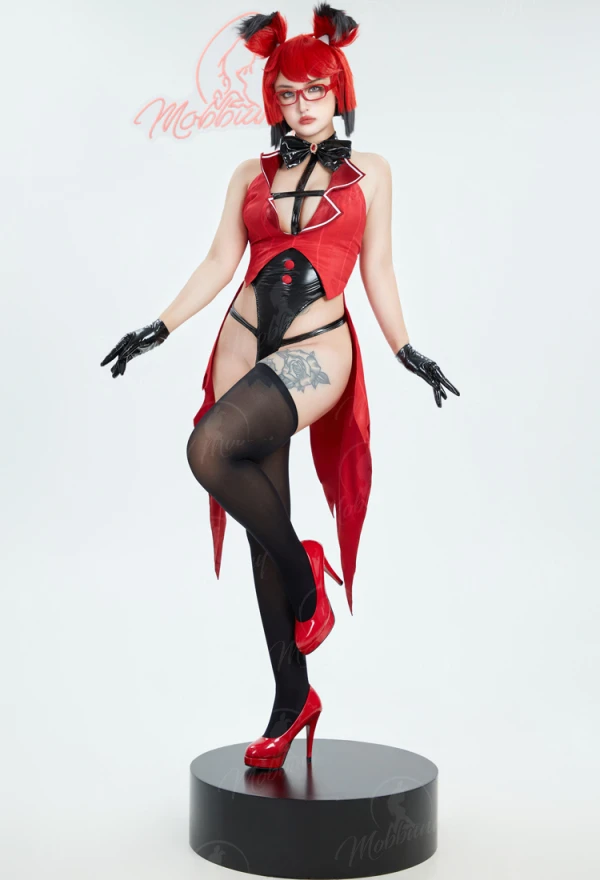 

MOBBUNNY Radio Demon Derivative Sexy Lingerie Set Black Red Hollow Bodysuit and Gloves with Thigh-High Stockings Cosplay Costume