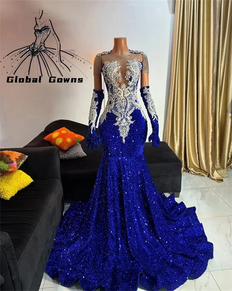 

Royal Blue Tassel Long Prom Dresses Sequin Evening Gowns Appliques Long Gloves Formal Dress Mermaid O Neck Black Girl Customized