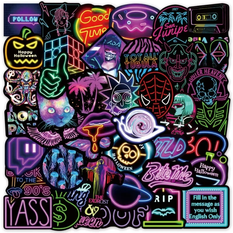 50 pçs moda estilo néon graffiti capacete da motocicleta adesivos à prova dwaterproof água bagagem traseira adesivos corpo do motor capa de risco adesivos