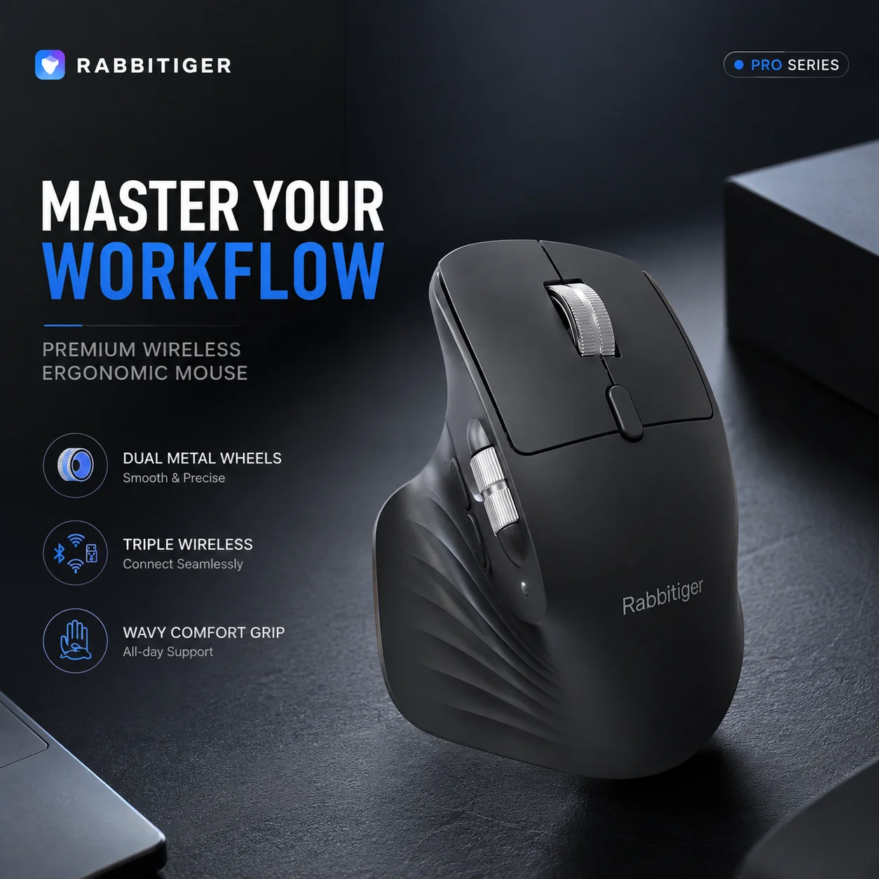 Rechargeable Ergonomic Wireless Mouse 3‑in‑1 Bluetooth 5.0 2.4G Wired Mice Horizontal Side Scroll Wheel 800‑3200 DPI Comfort Off