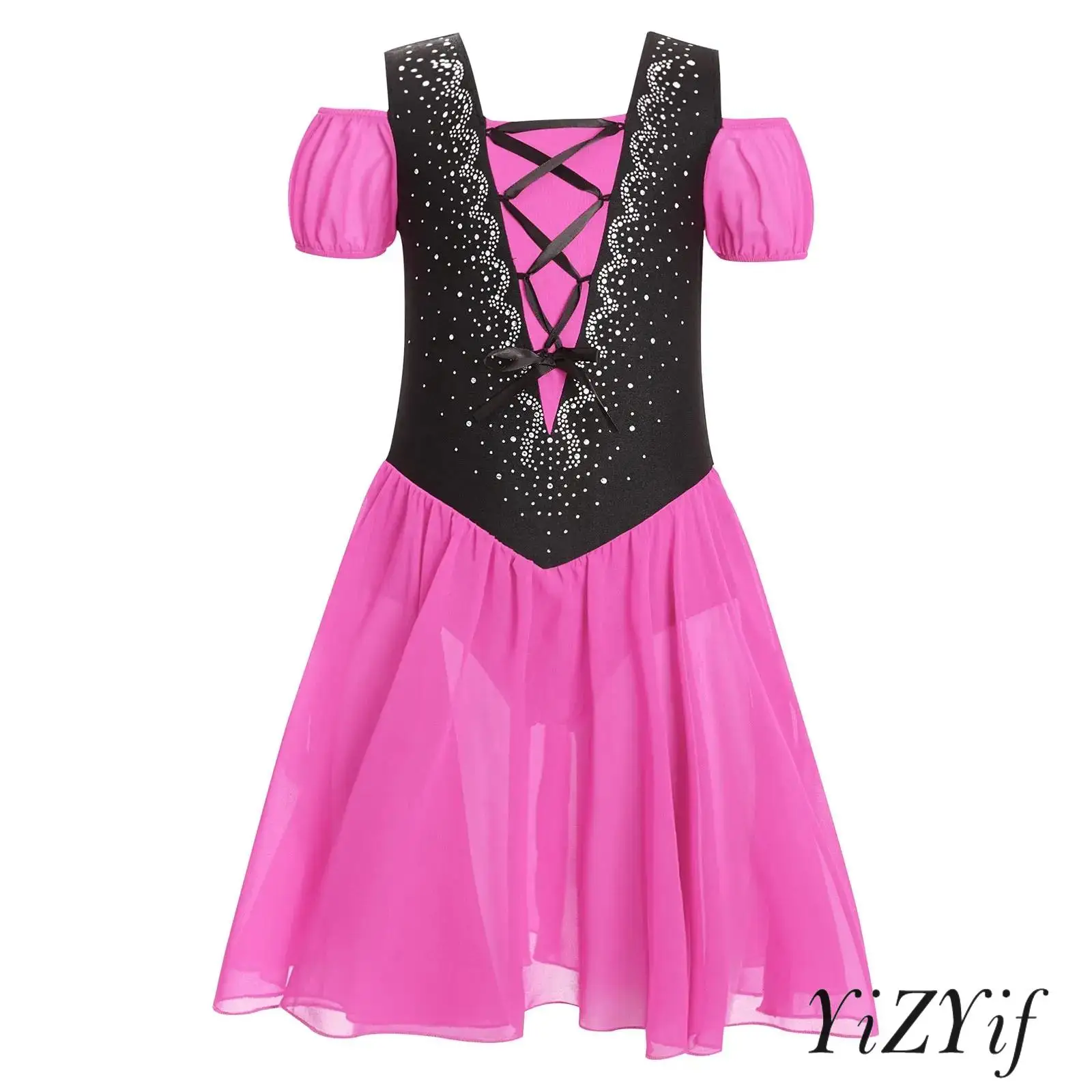

Professional Girls Waltz Lyrical Dance Dress Cold Shoulder Short Puff Sleeves Shiny Rhinestones Color Block Dance Party Clothing