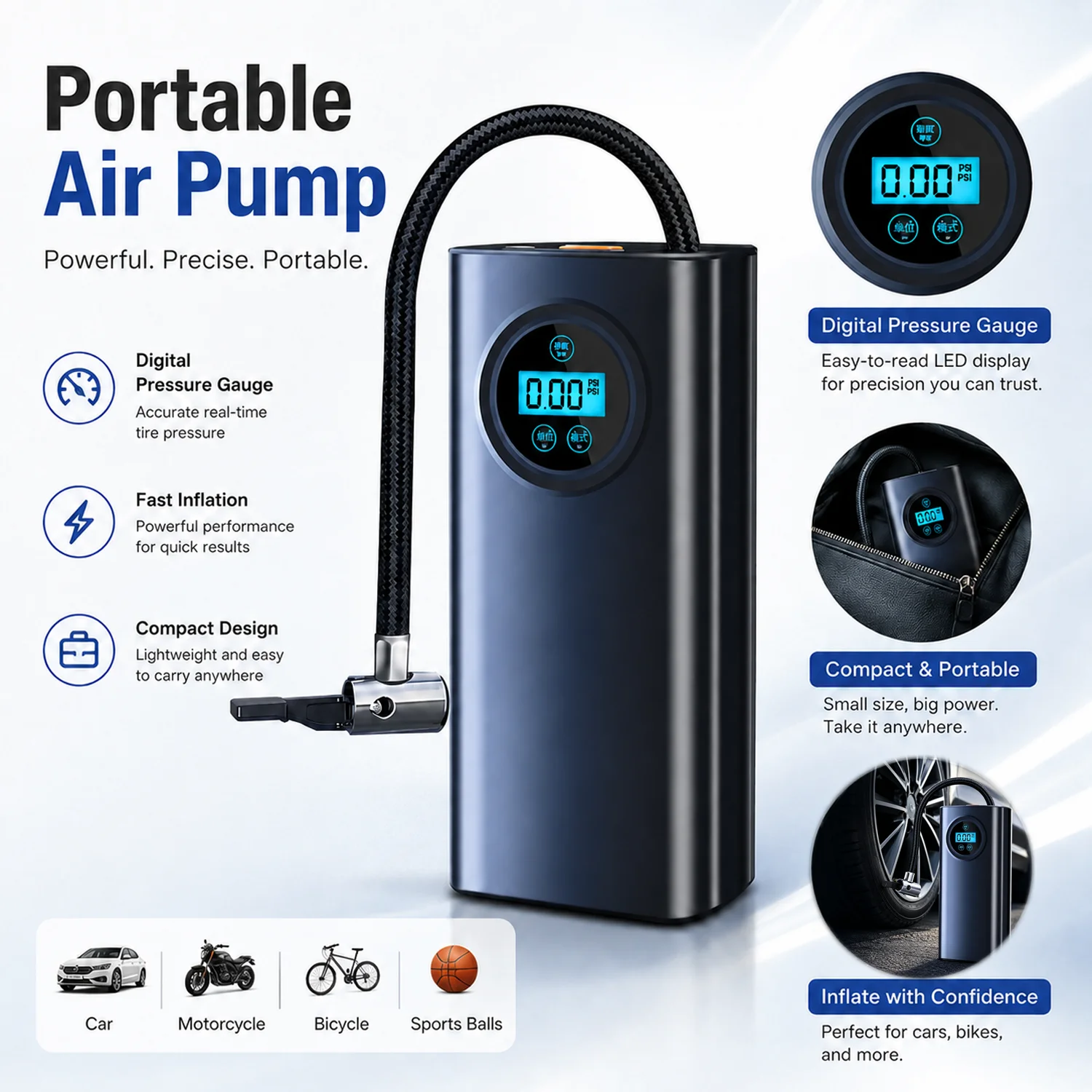 

Portable Rechargeable Wireless Digital Tire Inflator, Car Air Pump with LED Light & Multi Nozzles