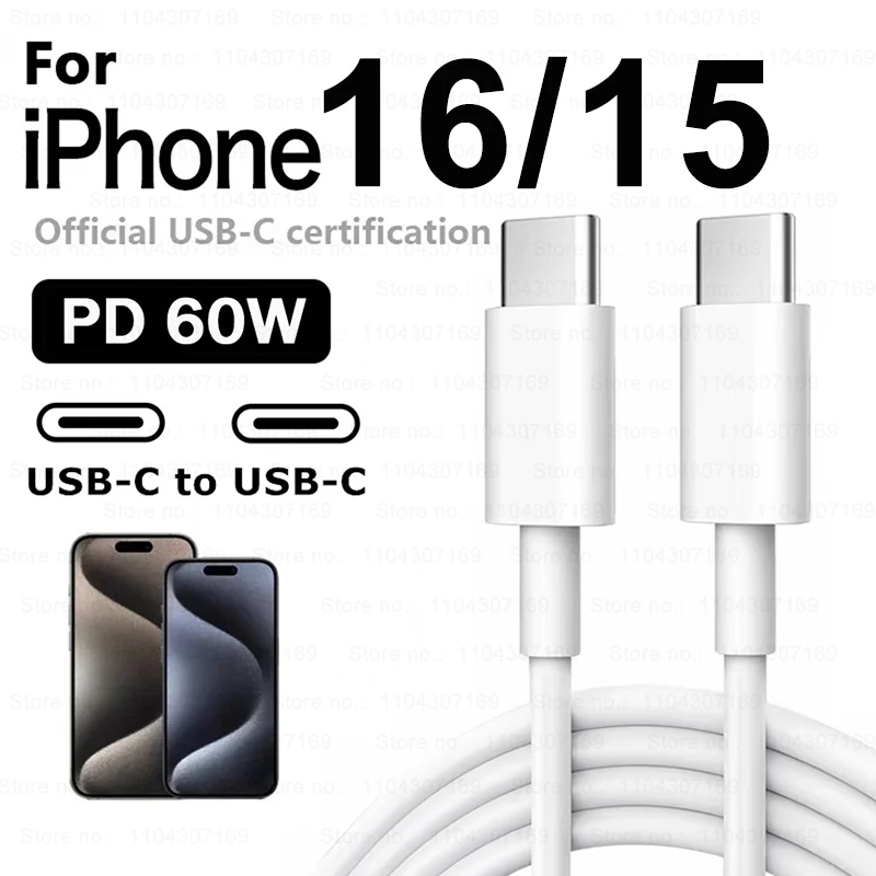 

Original PD 60W Type-C to Type C Fast Charging Cable For Apple iPhone 16 Pro Max 15 Plus USB C Quick Charger For Xiaomi Samsung