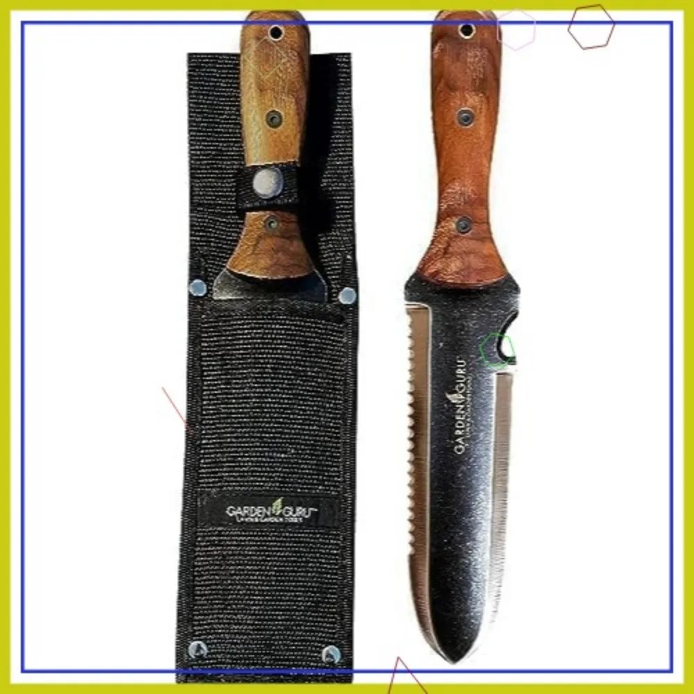 Stainless Steel Hori Hori Gardening Knife with Wood Handle - Multi-Tool for Weeding Digging Planting Measuring