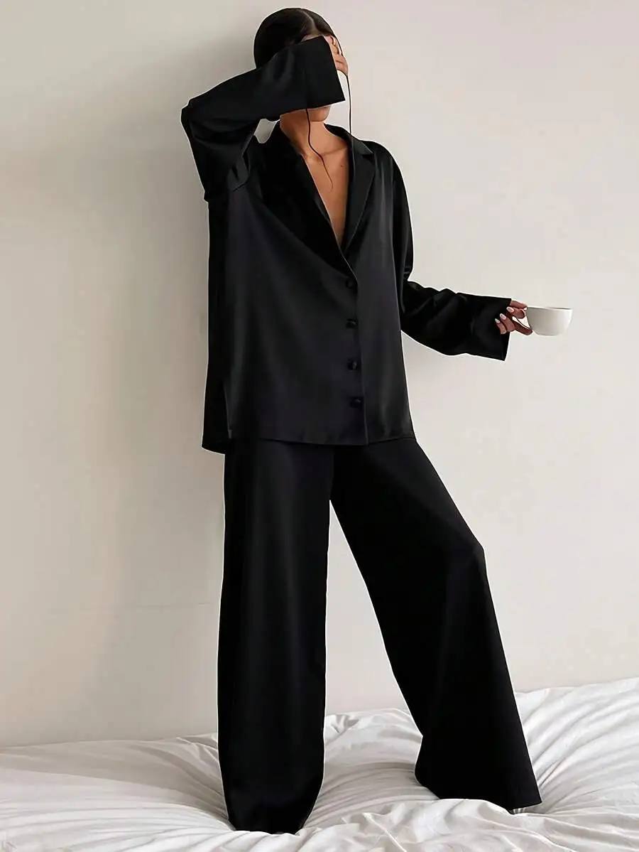 

Black Satin Suit Style Pajama Set Women Comfortable Casual Home Wear