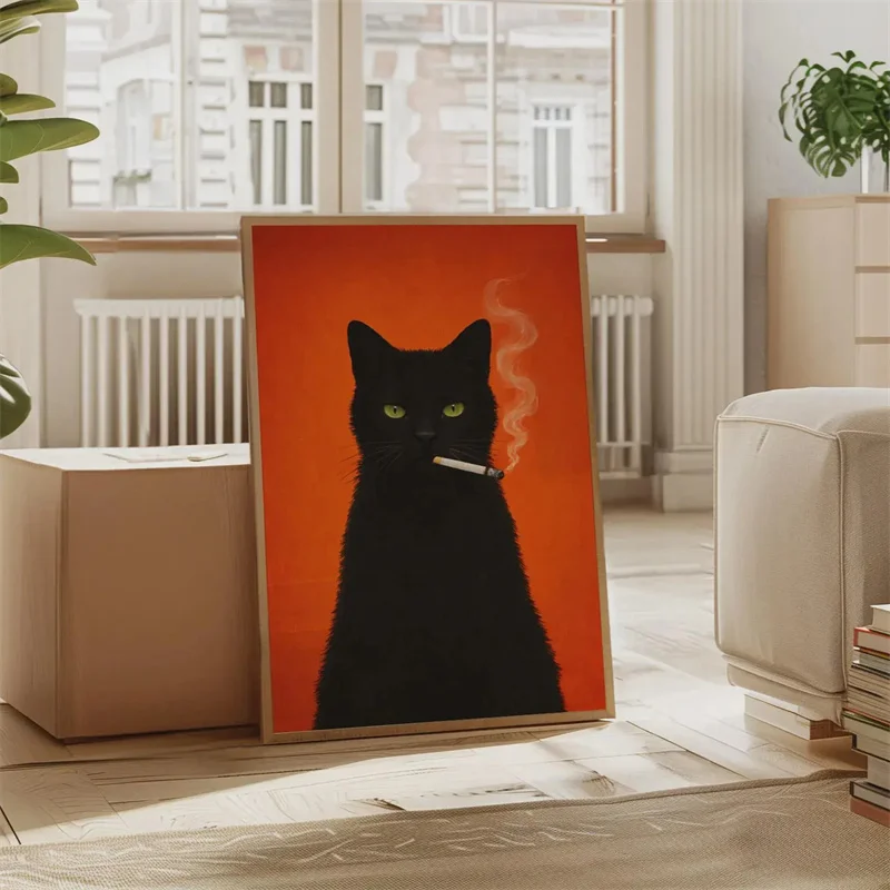 Minimalism Cute Black Cat Smoking Poster Funny Cat Face Modern Canvas Painting and Prints Wall Art Picture for Living Room Decor