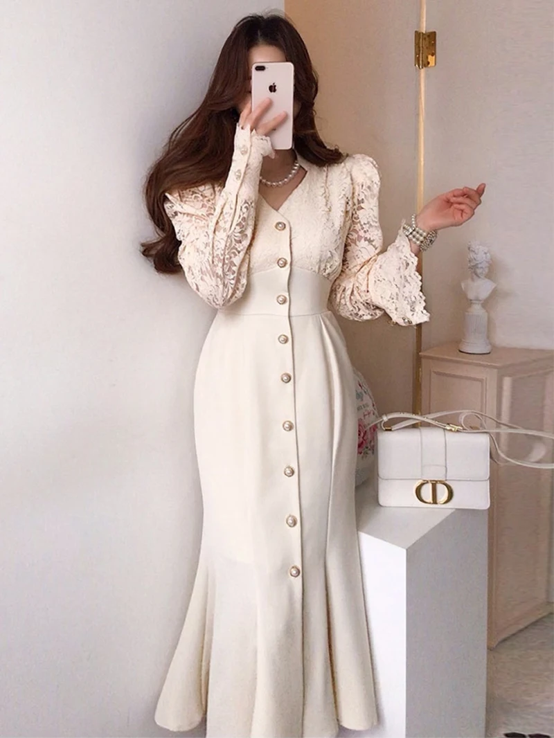 Ladies Elegant Button Up Lace Patchwork Trumpet Long Dresses Women Spring Autumn Winter Fashion Vintage Puff Sleeve Party Dress