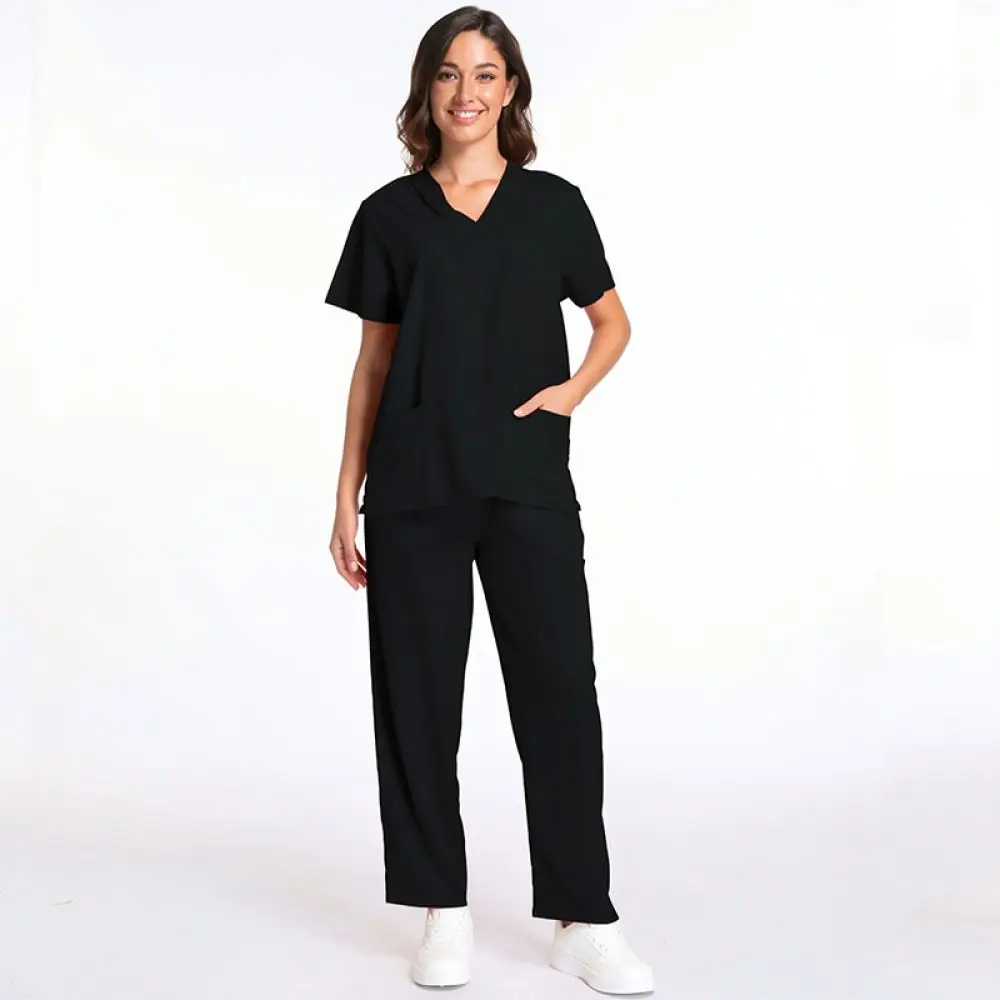 Women V Neck Scrub Uniform Suit Short Sleeve Breathable Medical Workwear For Doctor Nurse Surgery Clinic Laboratory
