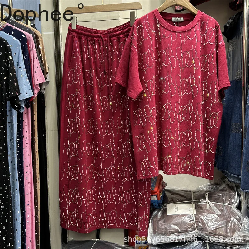 

Large Size Spring Summer Women Two-piece Set Hot Drilling Loose Short Sleeve T-shirt Top + Elastic Waist Mid-length Skirt Suits
