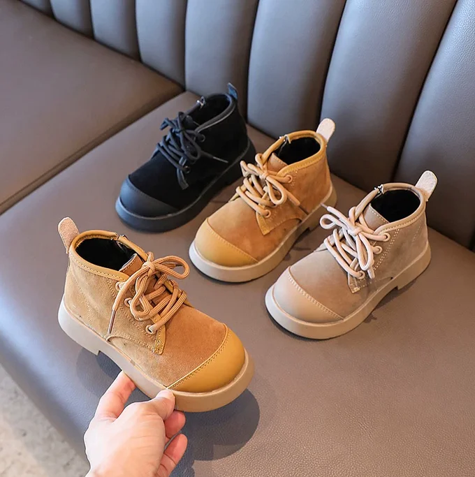 ファッショナブルな厚手の冬用スノーブーツ-スエード-子供用カジュアル暖かい綿入りショートブーツ-ラウンドトゥ-ラバーソール-チューブシューズ