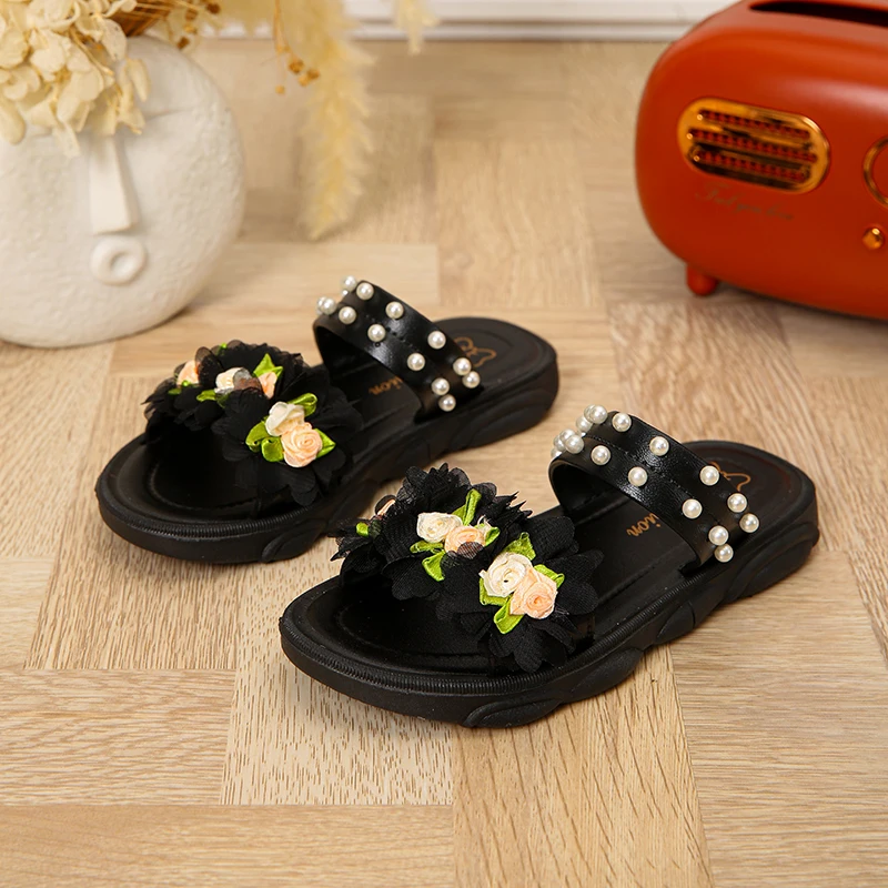 Trendy Cute Flower Pearl Decor Open Toe Slippers For Girls, Breathable Lightweight Wear-resistant Slippers For Indoor, All Seaso