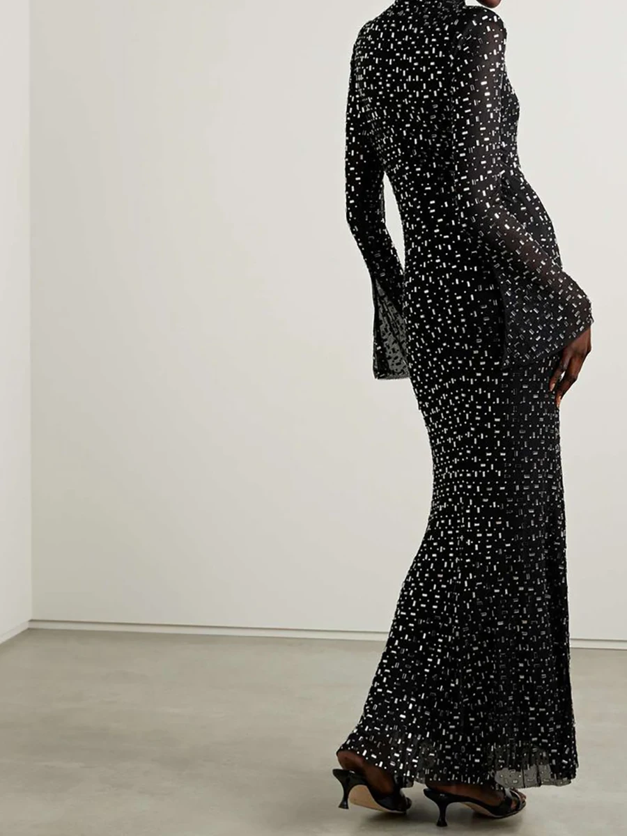 Elegante vestido negro transparente de manga larga hasta la pantorrilla con perforación en caliente para mujer con adornos brillantes Ideal para eventos nocturnos
