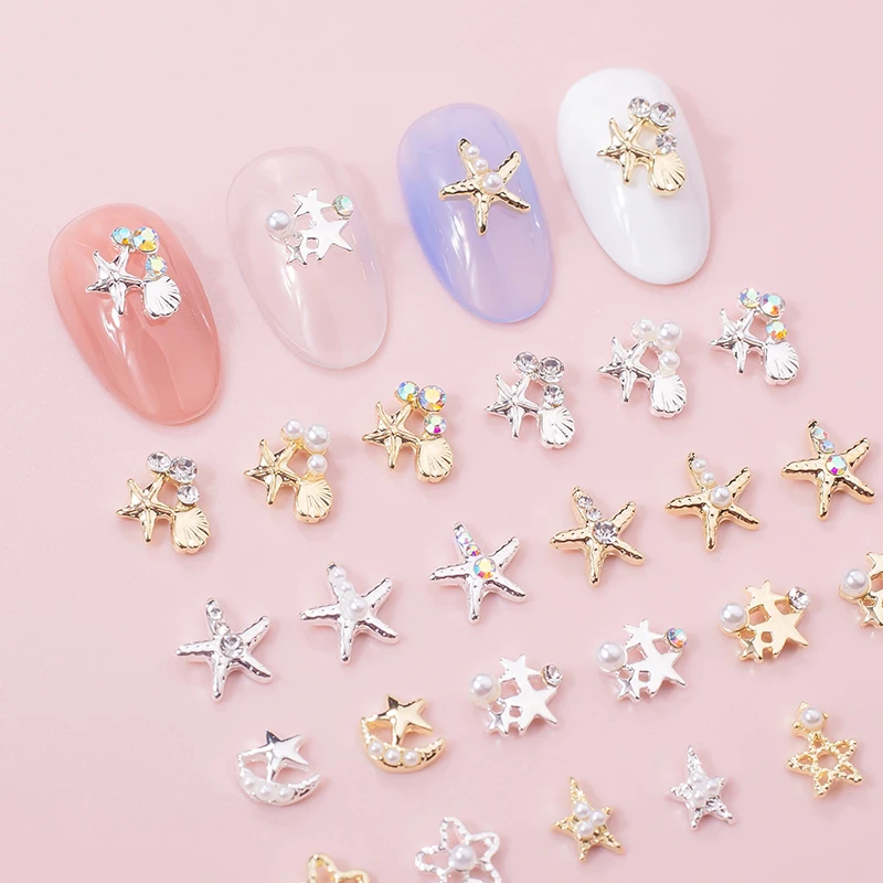 10Pcs Hollow Star Nail Art Charms 3D Alloy Five-Pointed-Star Silver Crystal Diamond Nail Decoration Luxury Manicure Accessories