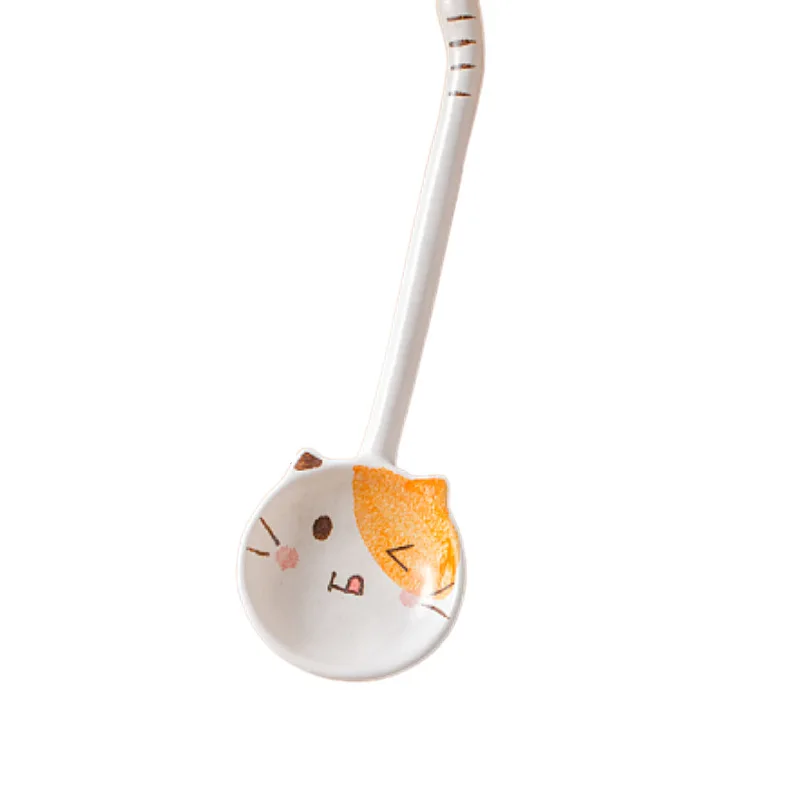 Creative Ceramic Small Soup Spoon, Cute Cat Bear Spoon, Cat\'s Tail Handle for Kid, Rice Dessert Spoon, Porcelain Tableware