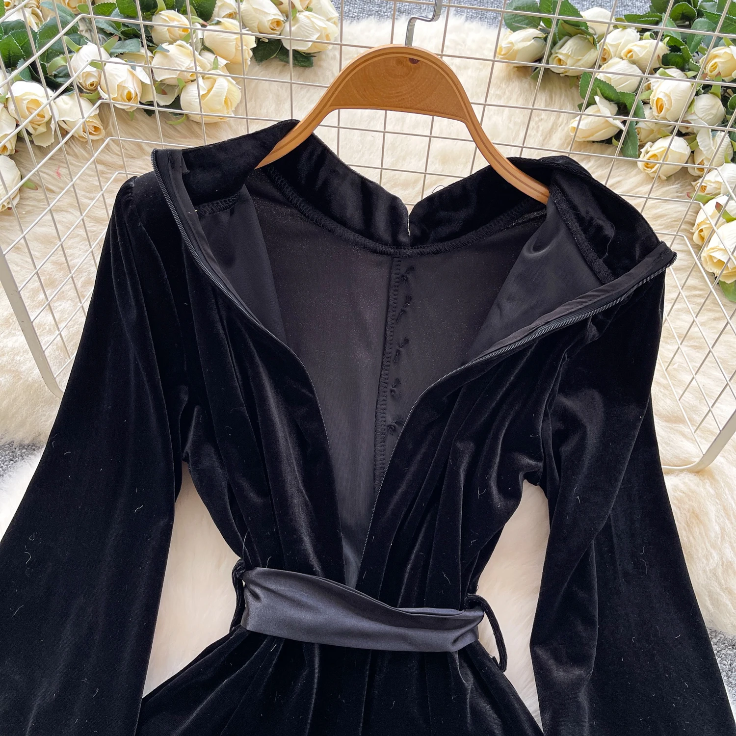 Chic vintage Sexy long sleeve velour fairycore dress korean fashion Sundress Party ceremony dresses