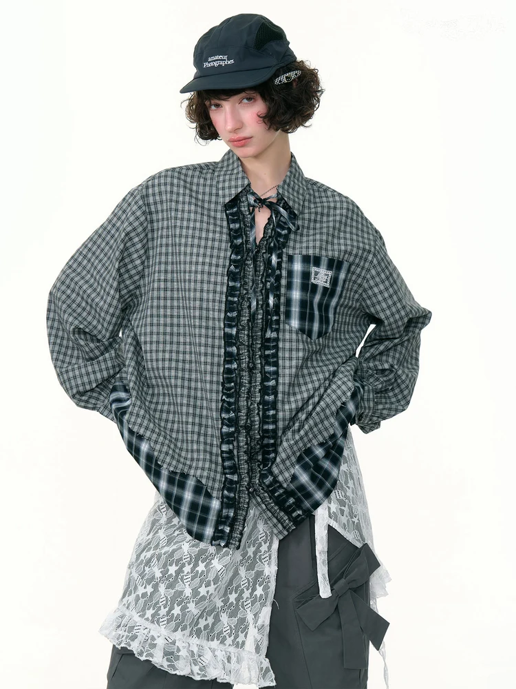 

ZiziFei Vintage Plaid Long Sve Loose Women's irt Bla White Gingham Patchwork Wood ain Breathable Polyester