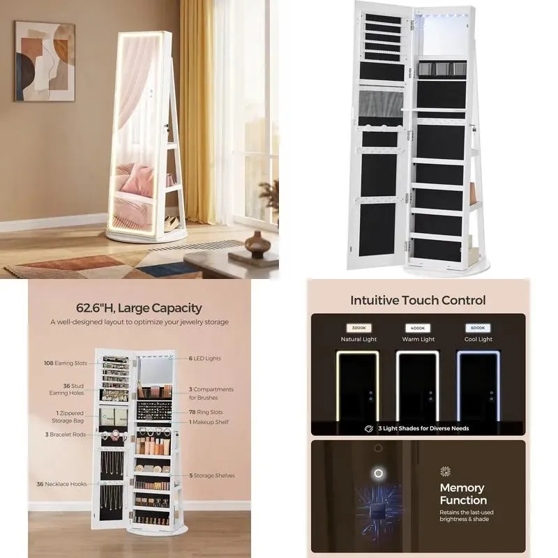 LED Jewelry Cabinet Full Mirror Touch Control Three Color Light Lockable Standing Storage Box