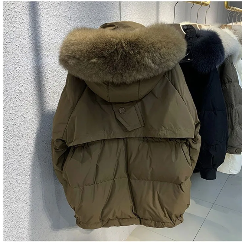 本物のアライグマの毛皮の襟付きダウンジャケット レディース 2025 冬 ファッション ゆったり 厚手 ホワイトダックダウンコート 女性用 暖かいパーカー オーバーコート