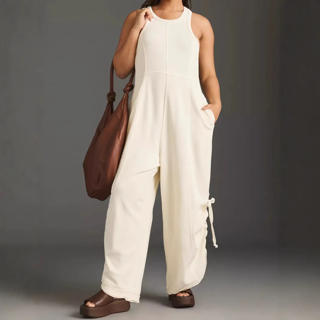 

New Long Jumpsuits Summer Sleeveless Street Women Rompers 2025 Fashion O-Neck Loose Work Playsuits Elegant Wide Leg Pants