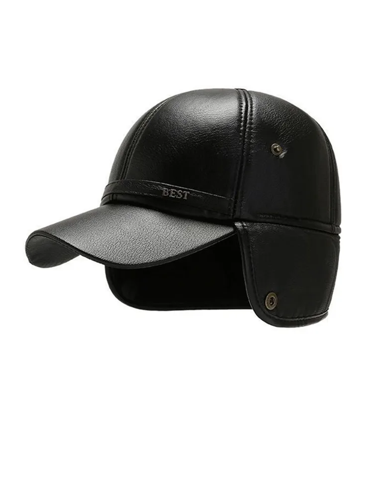 Lässige Herren-Baseballkappe aus weichem Leder mit Bündchen für mittlere und ältere Menschen, warm für den Winter – Detail 5