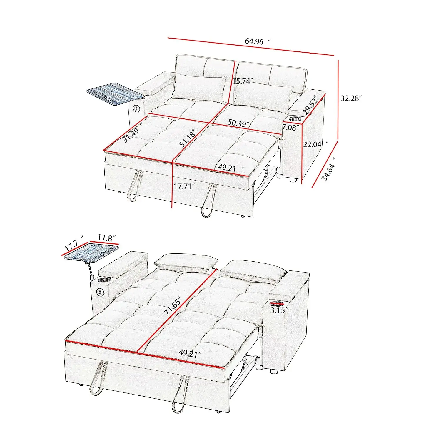 65'' 3-in-1 Folding Sofa Bed, Pullout Chenille Fabric, 360° Swivel Table, Easy Assembly, Living Room, Grey, Customized